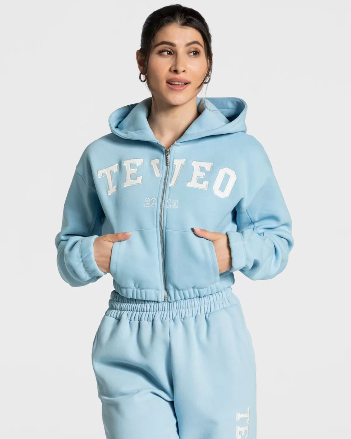 TEVEO College Zip Hoodie "Babyblau" New